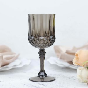 6-Pack Transparent Plastic Crystal Cut Wine Glasses 8oz, Black - Shatterproof Cocktail Goblets - Pack of 6 Goblets